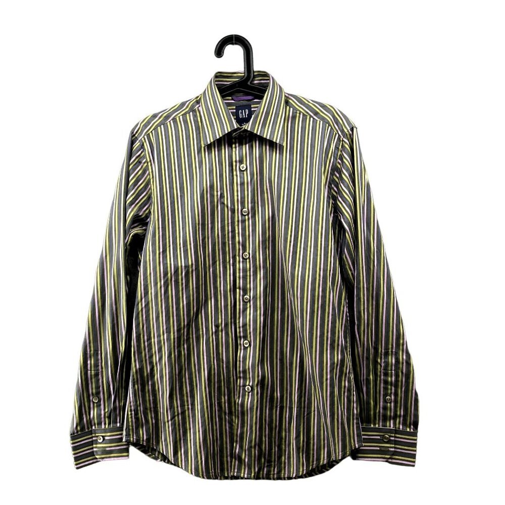 GAP Dress Shirt Mens S 14-14.5 Purple Green Stripe Button Up Long Sleeve Cotton